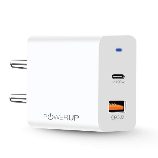 POWERUP Turbo Max Dual Port 20W PD Type-C & USB-A QC 3.0 Fast Charging Wall Charging Adapter for Smartphones/Tablet with BIS Certified in-Built Auto-Detect Technology (Sealed)