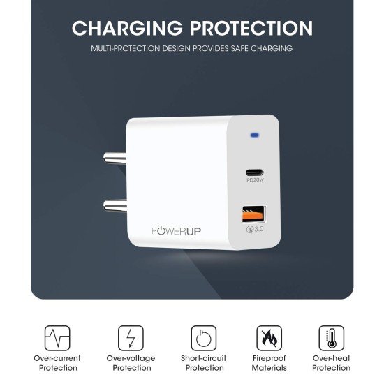 POWERUP Turbo Max Dual Port 20W PD Type-C & USB-A QC 3.0 Fast Charging Wall Charging Adapter for Smartphones/Tablet with BIS Certified in-Built Auto-Detect Technology (Sealed) - Image 5