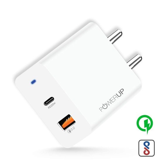 POWERUP Turbo Max Dual Port 20W PD Type-C & USB-A QC 3.0 Fast Charging Wall Charging Adapter for Smartphones/Tablet with BIS Certified in-Built Auto-Detect Technology (Sealed) - Image 2