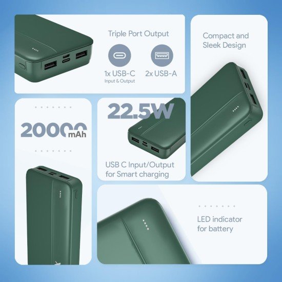 FLiX(Beetel) Just Launched UltraCharge 20,000mAh QCPD Power Bank,USB C/B Input,Tripple Output 22.5W Power Delivery,Compatible to iPhone 14 13 12 11 Samsung S22 S23 Google Pixel7 Oneplus – Olive Green (Open Box) - Image 3