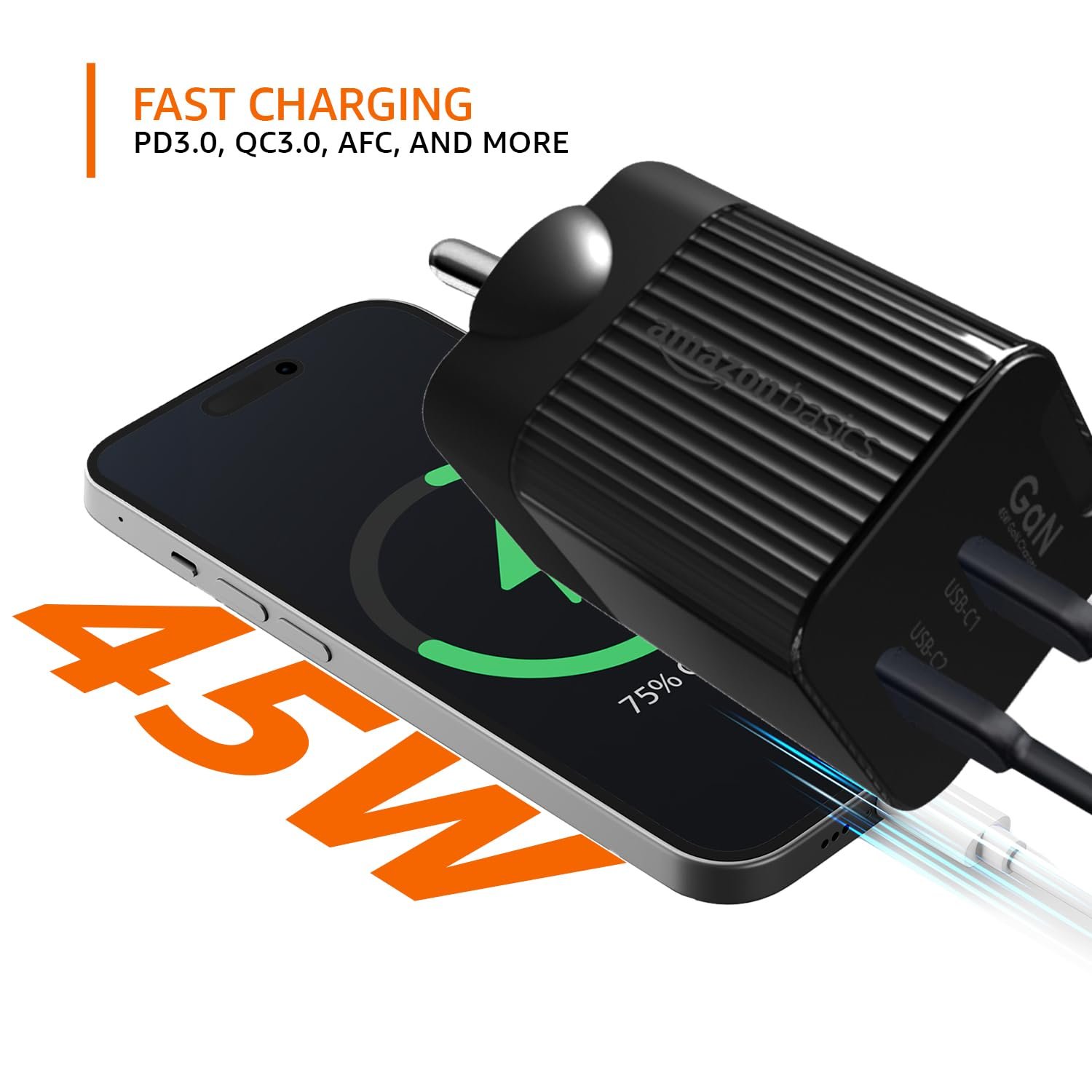 Amazon Basics USB C 45W Charger| Super-Fast Dual Port Charging | Universal Fast Charging | Compact GaN Design | Compatible with Top Brands (Open Box) - Image 4