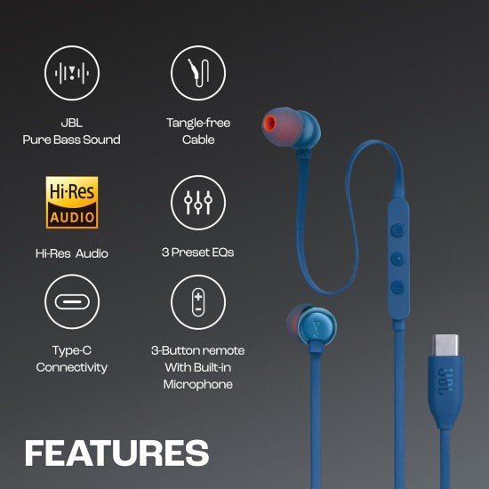 JBL Tune 310 Wired in Ear Type C Headphones, Hi-Res Audio with Digital-to-Analog Converter, 3-Button EQ Preset Remote with Microphone, Tangle-Free Flat Cable, Compatible with USB-C Devices (Open Box) - Image 2