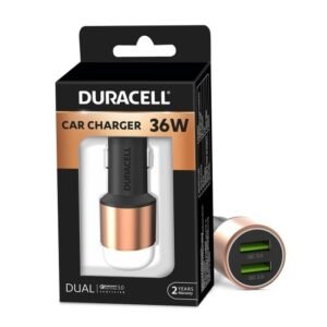 Duracell 36W Fast Car Charger Adapter with Dual USB Port. Qualcomm Certified 3.0, Quick Charge. Compatible with iPhone, All Smartphones, Tablets & More – Copper & Black (Open Box)