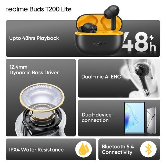 realme Buds T200 Lite Bluetooth in Ear Earbuds,4 Mic, AI ENC for Calls,48 Hours Total Playback with Fast Charging and Low Latency Gaming TWS,Google Fast Pair, with mic (Open Box) - Image 2