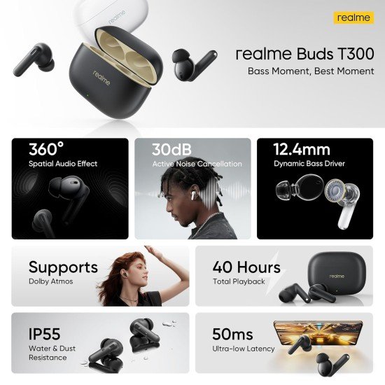 realme Buds T310 Truly Wireless in-Ear Earbuds with 30dB ANC, 360° Spatial Audio Effect, 12.4mm Dynamic Bass Boost Driver with Dolby Atmos Support, Upto 40Hrs Battery and Fast Charging (Open Box) - Image 4