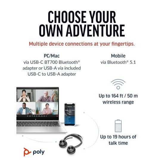 Poly (Plantronics) Voyager Focus 2 Wireless Headset, On-Ear w/Noise-canceling mic, ANC, 175 g, PC via BT700 Bluetooth Adapter/Smartphone via Bluetooth, Up to 25 Hours Talk time - Image 3